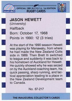 1991 Regina NZRFU 1st Edition #67 Jason Hewett Back